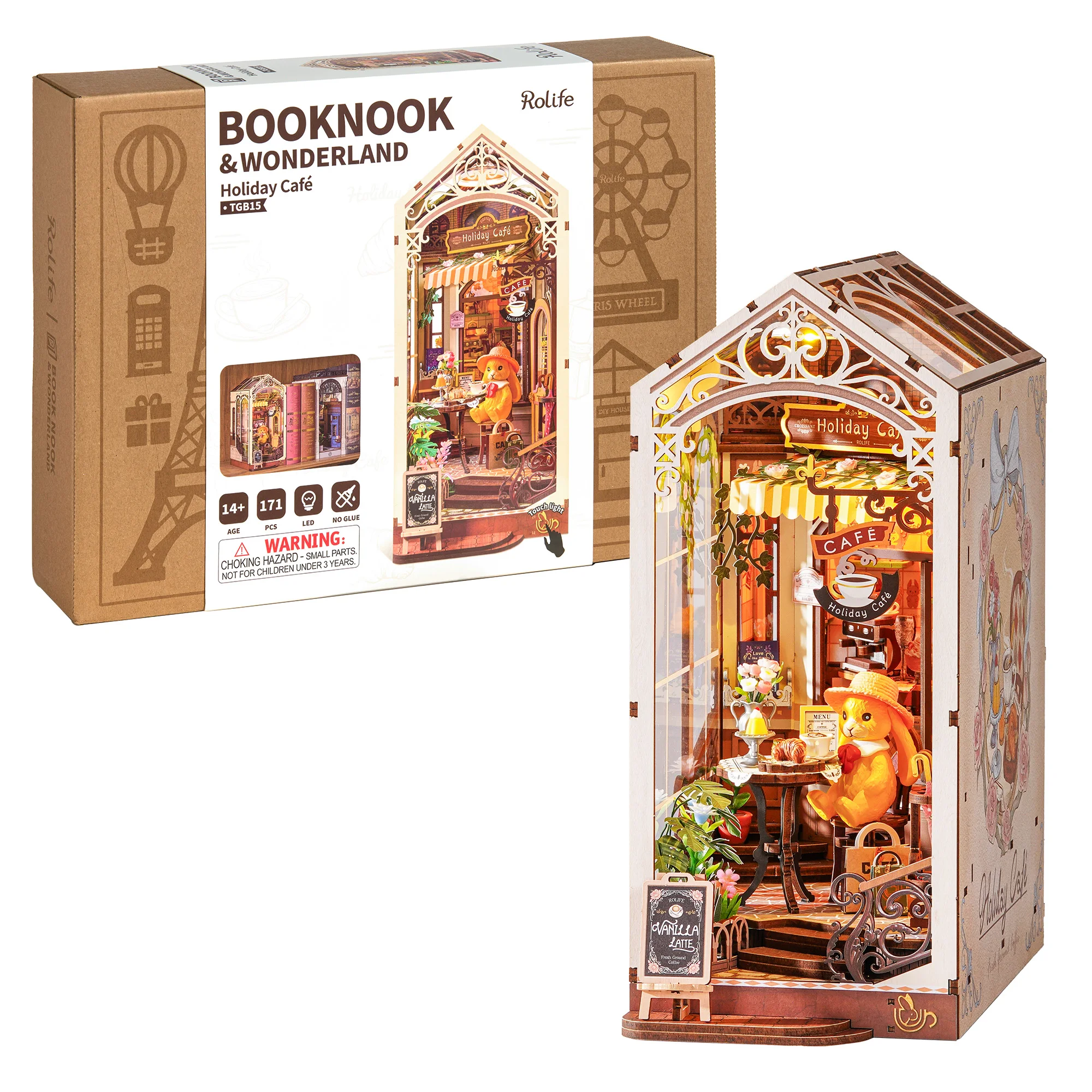 Kit Robotime Book Nook, coniglietto, caffè, puzzle 3D fai-da-te, casa in miniatura, decorazione per libreria, regalo creativo per amanti del caffè e dei libri