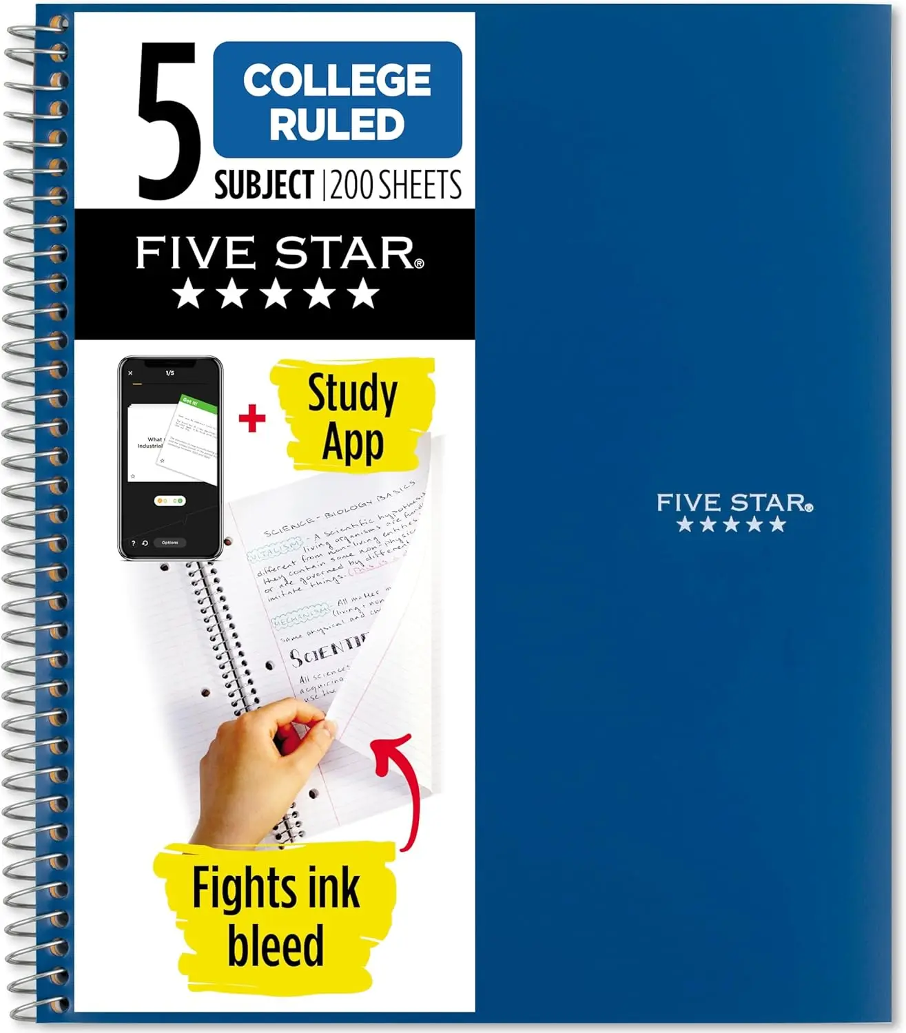 

5 Subject Spiral Notebook with Study App, College Ruled Paper, 200 Sheets, Ink Resistant, Waterproof Cover
