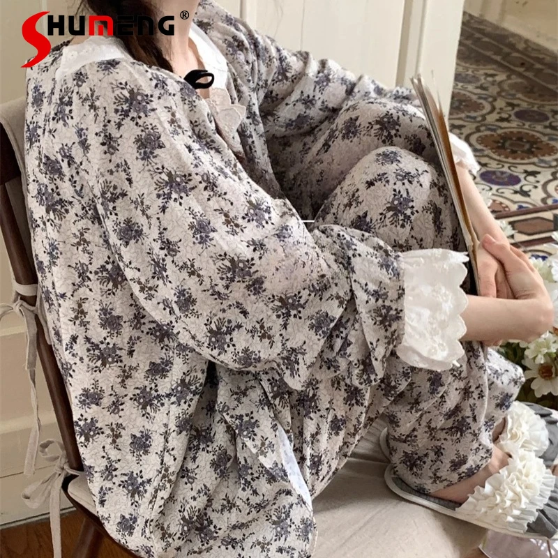 

Cotton Double Layer Gauze Pajama Sets Female Retro Lace Square Neck Sweet Loungewear Floral Print Homewear Suit for Women