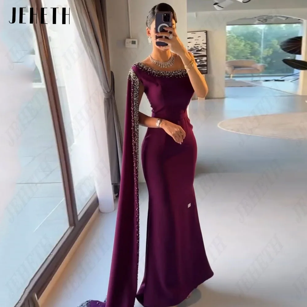 JEHETH Formal Saudi Women Evening Dress One Shoulder With Jacket Mermaid Prom Dresses Crystal Ankle Length Purple Party Gowns