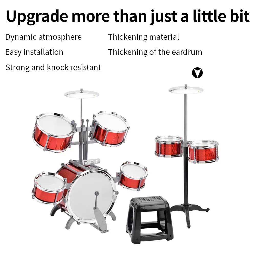 Drum Set Jazz Drum Kit with Stool 7 Drums Musical Percussion Instruments for Beginner Holiday Gifts Thickened PVC Drumhead