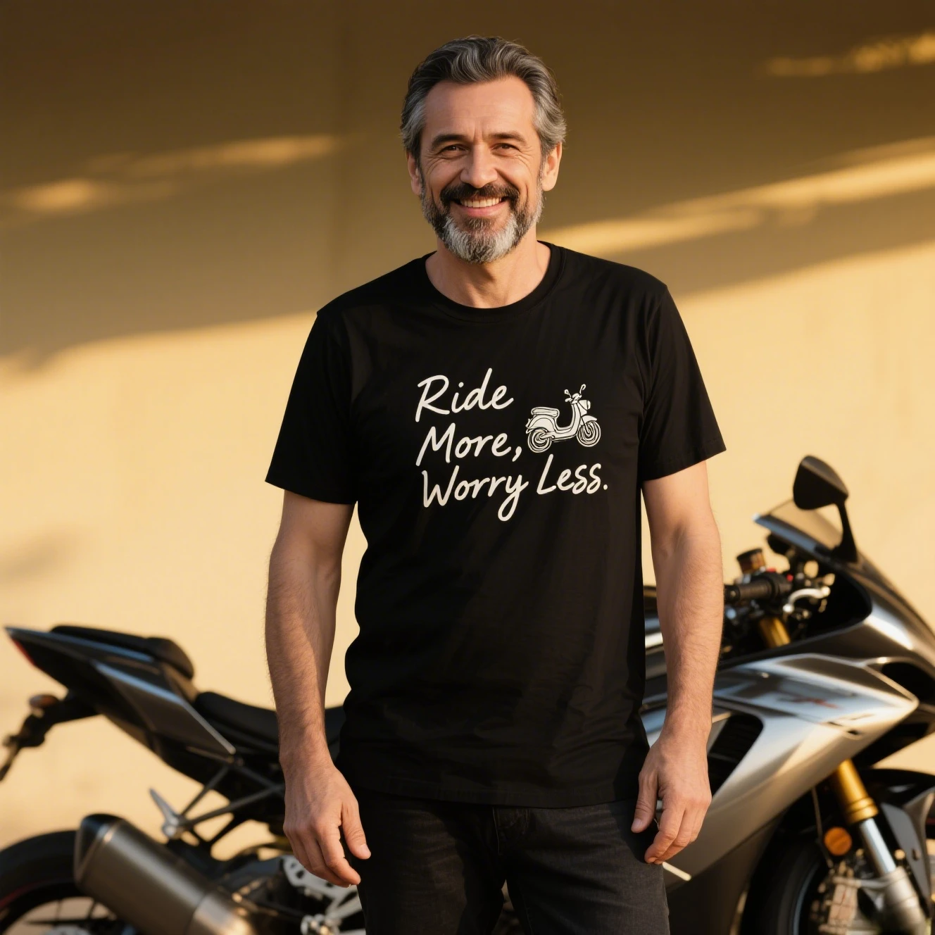 

Handwritten Font "Ride More Worry Less" + Pencil Sketch Small Motorcycle Men's and Women's Short-sleeved Cotton T-shirt