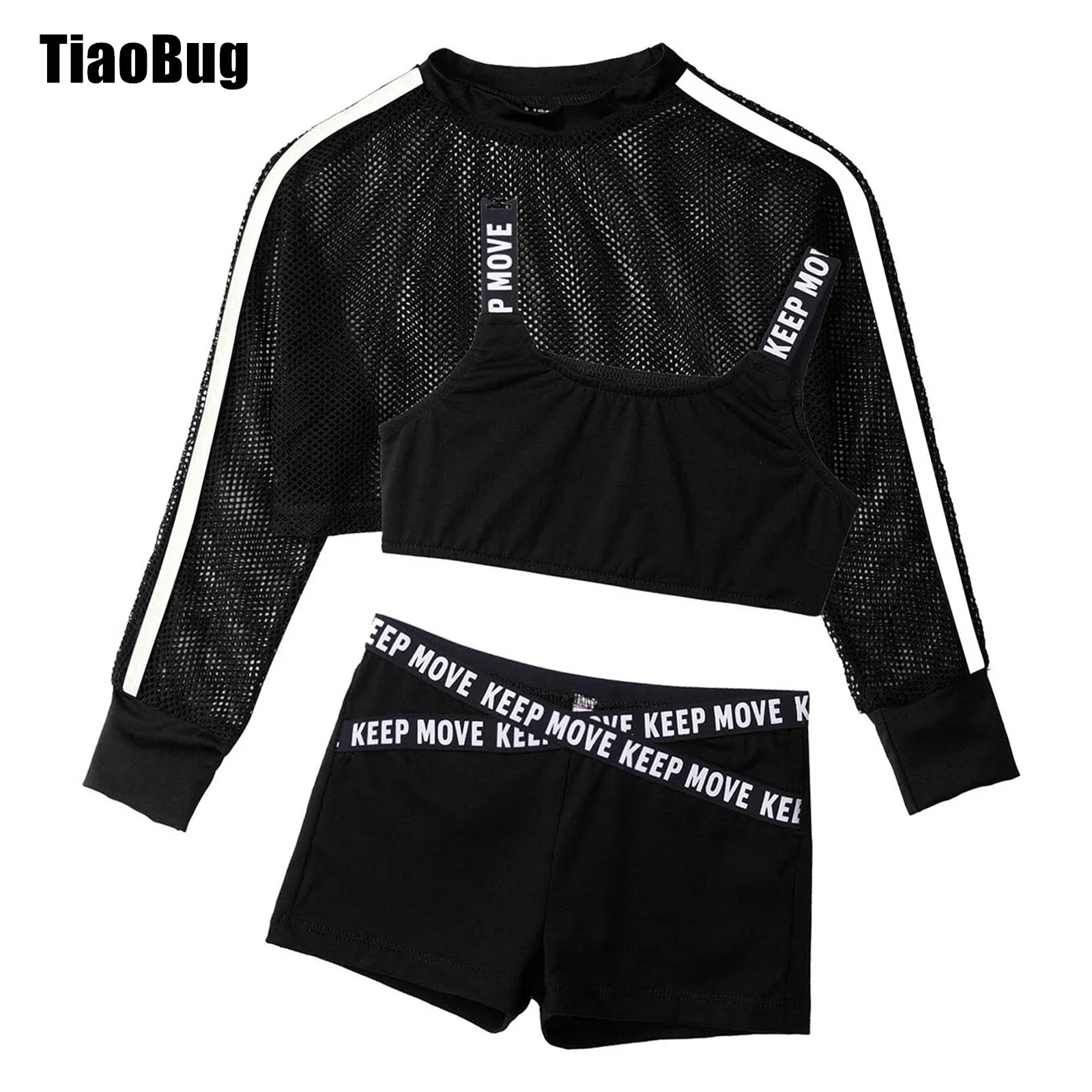 Kids Girls Summer Sport Suit Straps Crop Vest with Hollow Out Breathable Net Cover Up Tops And Shorts Set for Dance Gym Yoga