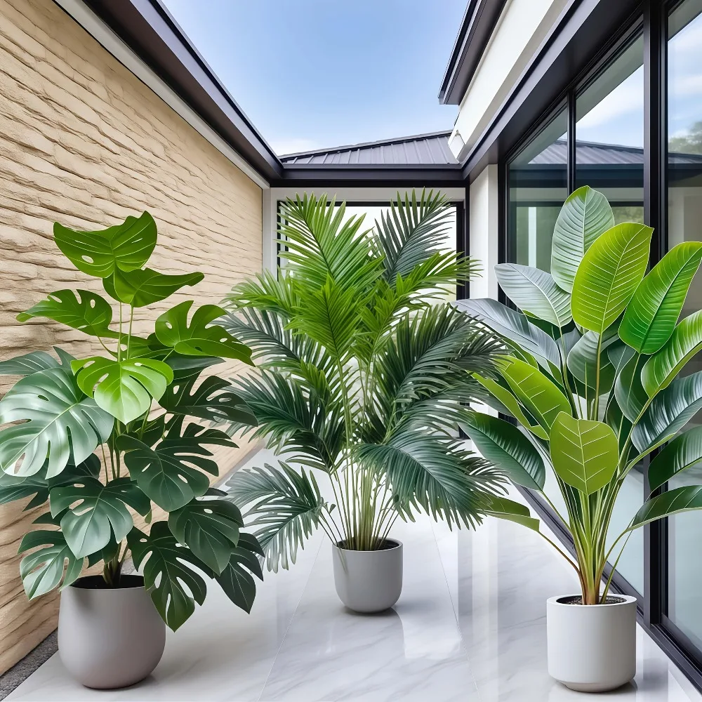 3 قطع نبات نخيل أريكا صناعي كبير مع 36 ورقة نباتات استوائية مناسبة لتزيين الحديقة الداخلية نبات بوعاء