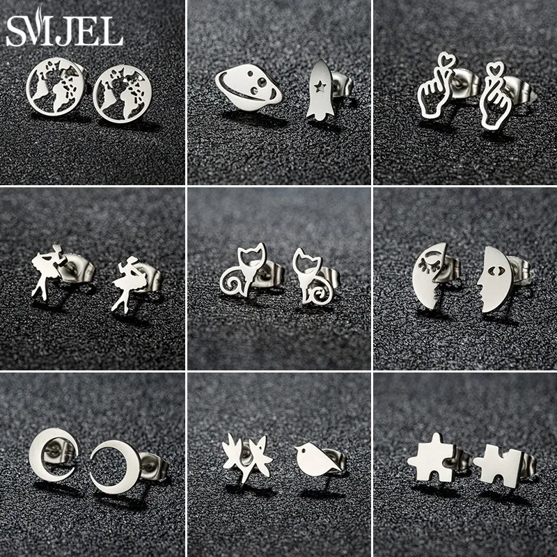 SMJEL Stainless Steel Earings Fashion Jewelry Tiny Ballet Ear Studs Punk Jigsaw Rocket World Map Stud Earrings Pendientes Gift