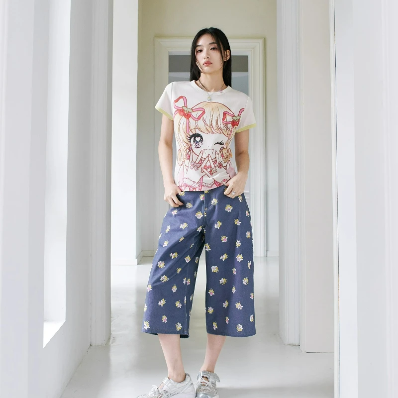Retro Design Cartoon Print Women's Jeans 2025 Autumn New Sweet Cool Loose Versatile Age Reduction Wide-leg Capris Pants Ladies