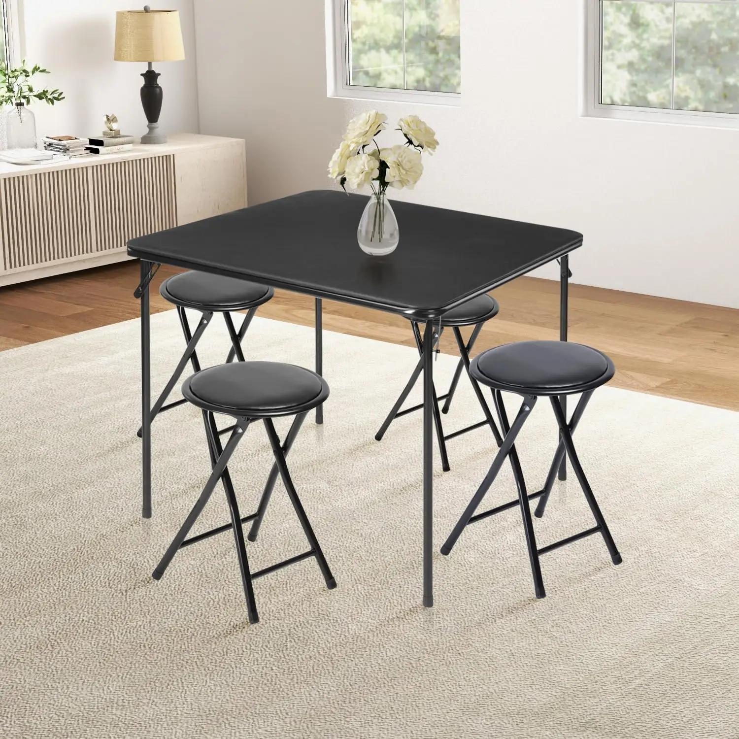 

5-Piece Folding Table and Chair Set for 4, Space-Saving Square Card Table with 4 Stools, No Assembly Required, Ideal for Small