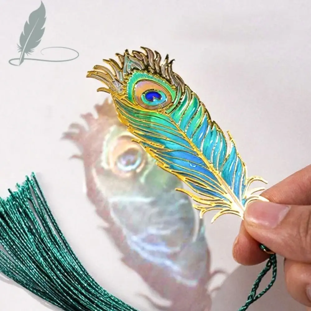 Vintage Metal Bookmark Creative Feather Shape Hollow Out Bookmark with Tassel with Chain Pendant Peacock Feather Bookmark
