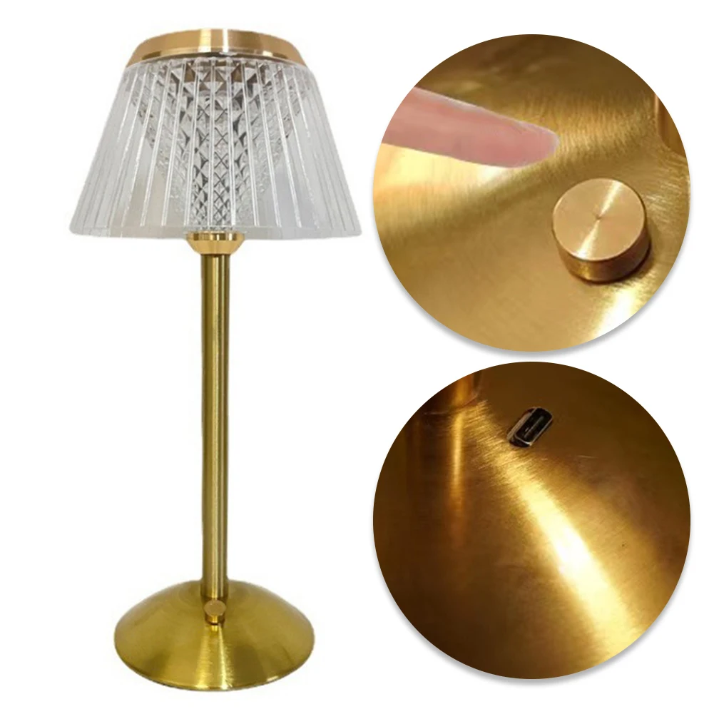 Portable Retro Metal Bedside Lamp Rechargeable Crystal Diamond Table Lamp Metal Base 3 Color Modes Touch Control for Bedroom Bar