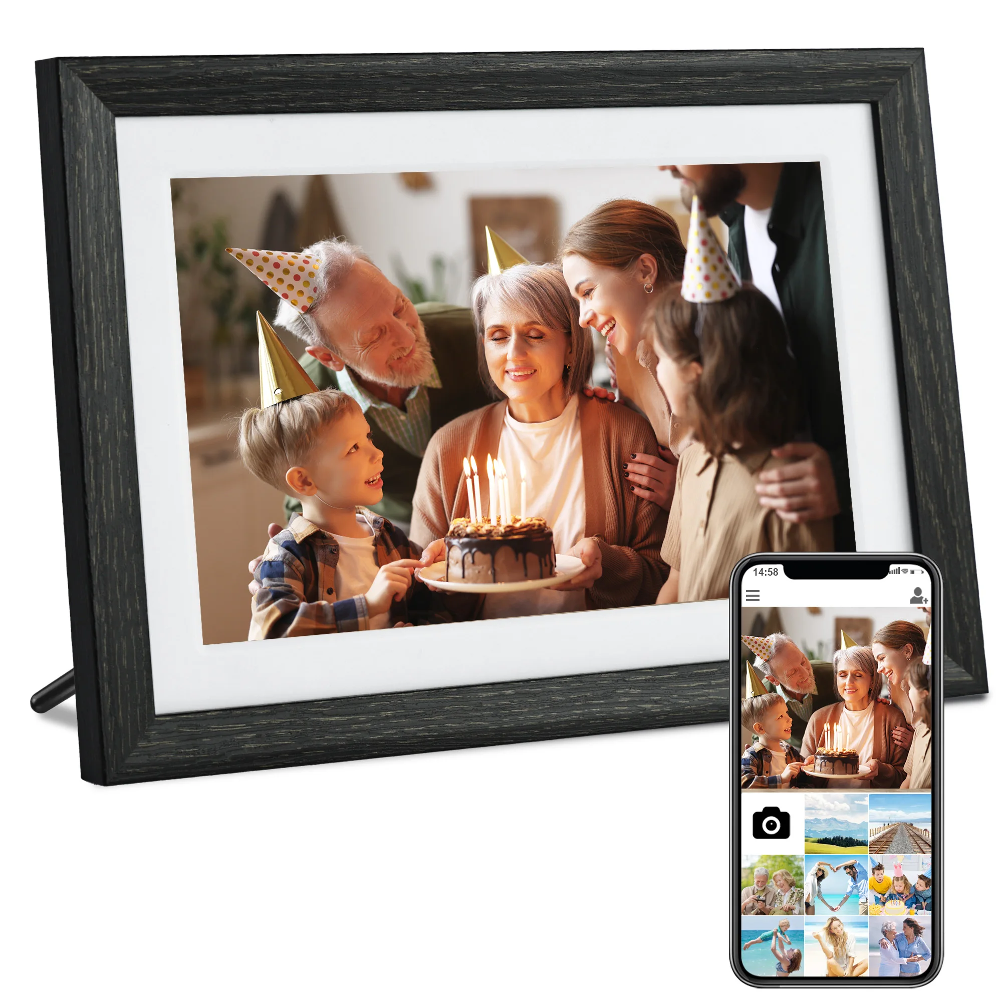 Digital Photo Frame Wifi - クラシックなダークブラウンの木製デジタルフォトフレーム。1GB+32GBのストレージ、1280x800のHD解像度、Wi-Fi接続、時計機能、Android対応、クラウド写真機能を搭載。