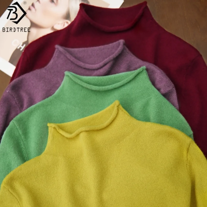 

Birdtree,90% Sheep Wool 10% Cashmere Undershirt,Women Knitted Solid Turtleneck Shirt,2025 Autumn Winter Basics Pullover T5N508JF