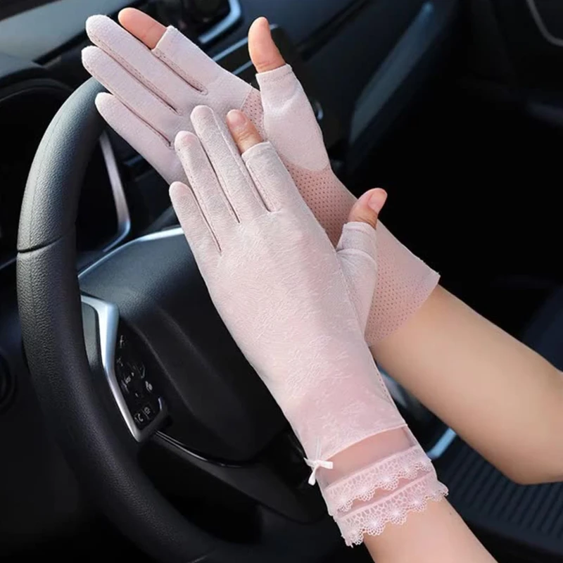 Sunscreen Gloves Female Summer Half Finger Driving Riding Mitten Breathable Two-fingerless Elastic Gloves