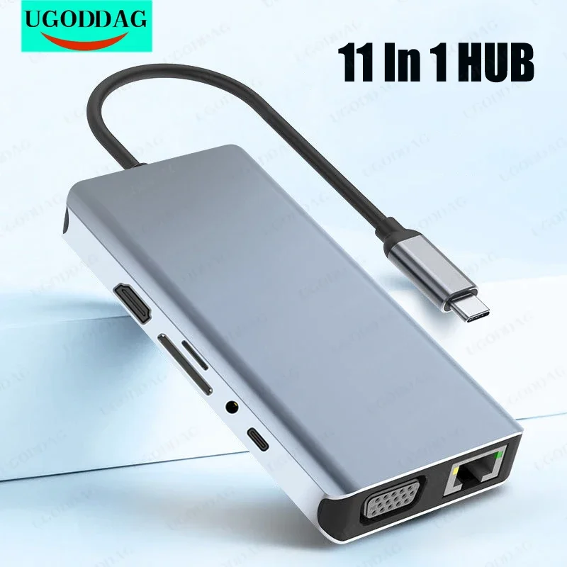 

USB HUB To HDMI-Compatible VGA PD RJ45 TF/SD Reader Adapter Dock USB3.0 11 Splitter Port Dock Type C HUB For Macbook Air M1 Pro