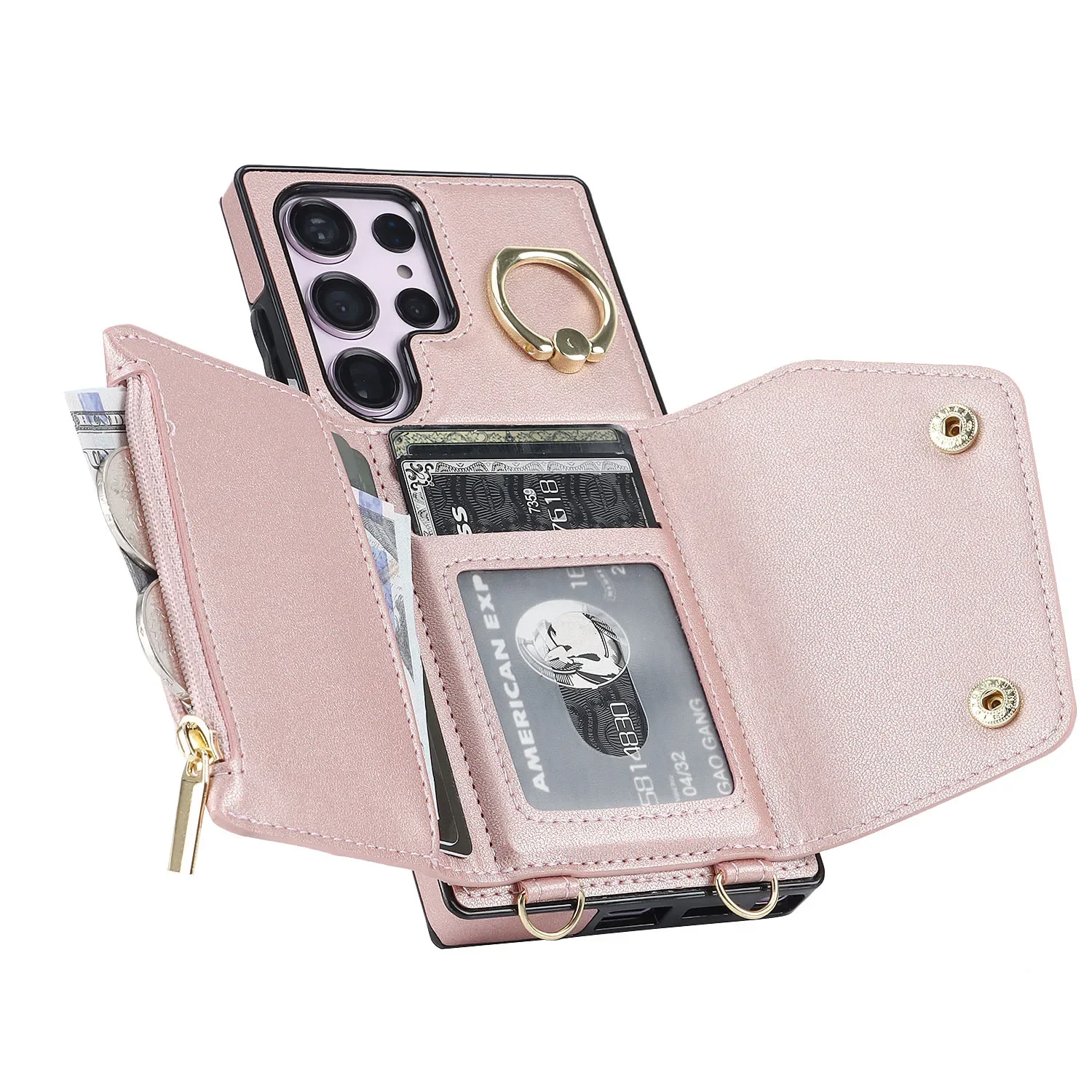 Ring Holder Crossbody Leather Wallet Case For Samsung Galaxy S23 S24 Ultra S22 Plus S21 FE A55 A15 RFID Cards Solt Lanyard Cover