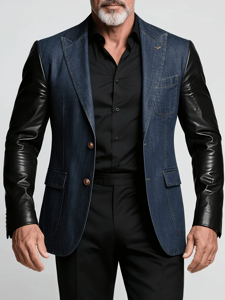 Patchwork Jean Jacket - Blazer Masculino Slim Fit de Negócios
