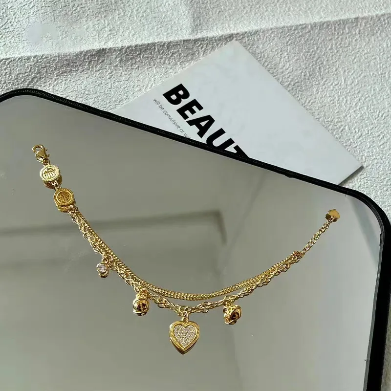 Classic double-layer diamond inlay heart-shaped bracelets for women light luxury small bell adjustable chain bracelet jewelry