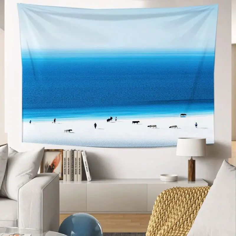 VIKAMA Blue Wave Sea View Landscape Tapestry, HD Wear-Resistant Fabric Wall Hanging for Coastal Living Room Decor