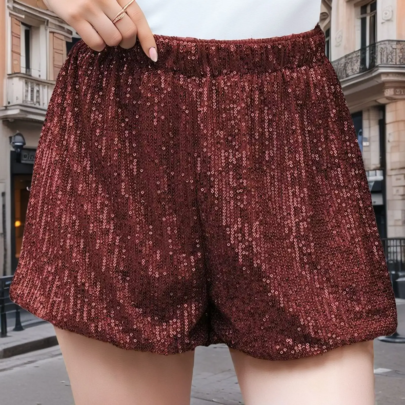 Trendy Solid Color Sequin Shorts Women Fashion Streetwear All-match Straight Three-quarter Pants Lady Commuting Clothing New