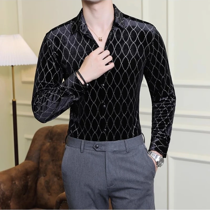 2023 Autumn Luxury Velvet Plaid Shirts Men Long Sleeved Casual Business Dress Shirts Fashion Slim Social Streetwear Men Clothing