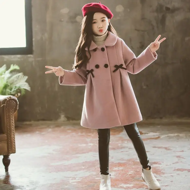

4-14T Girls Wool Coat Autumn Winter Korean Fashion Solid Color Long Kids Jacket Double Breasted Children Outerwear Clothing