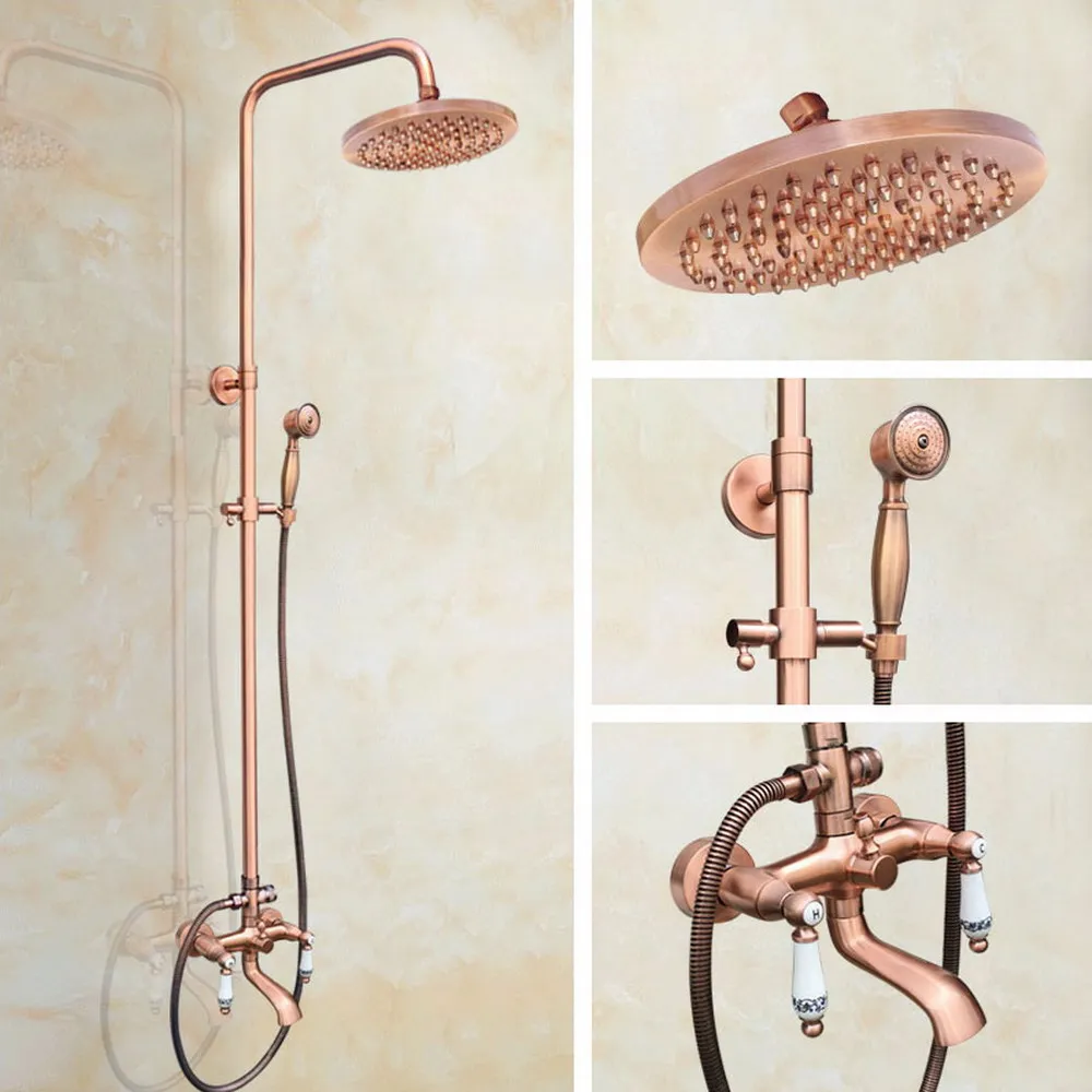 

Antique Red Copper Wall Mount Bathroom Shower Faucet Double Handle Bath Tub Shower Mixers with Handshower Brg543