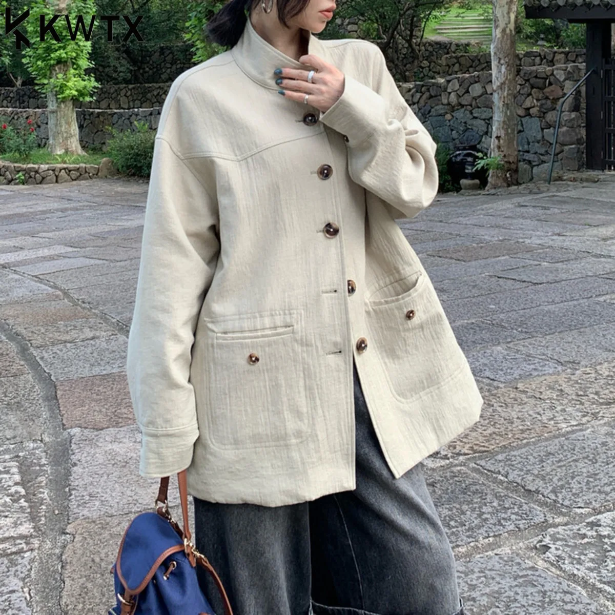 

KWTX 2025 женский плащ, осенний повседневный однобортный однобортный воротник-стойка с карманами, элегантный, удобный, шикарный, высокого качества