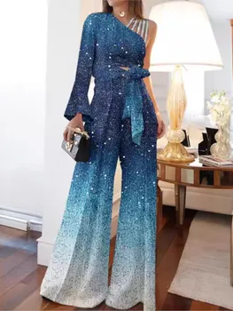 DamesNieuwe herfst lange mouwen jumpsuit sexy schuine kraag off-shoulder splitsen vetersluiting modieuze hoge taille losse jumpsuit