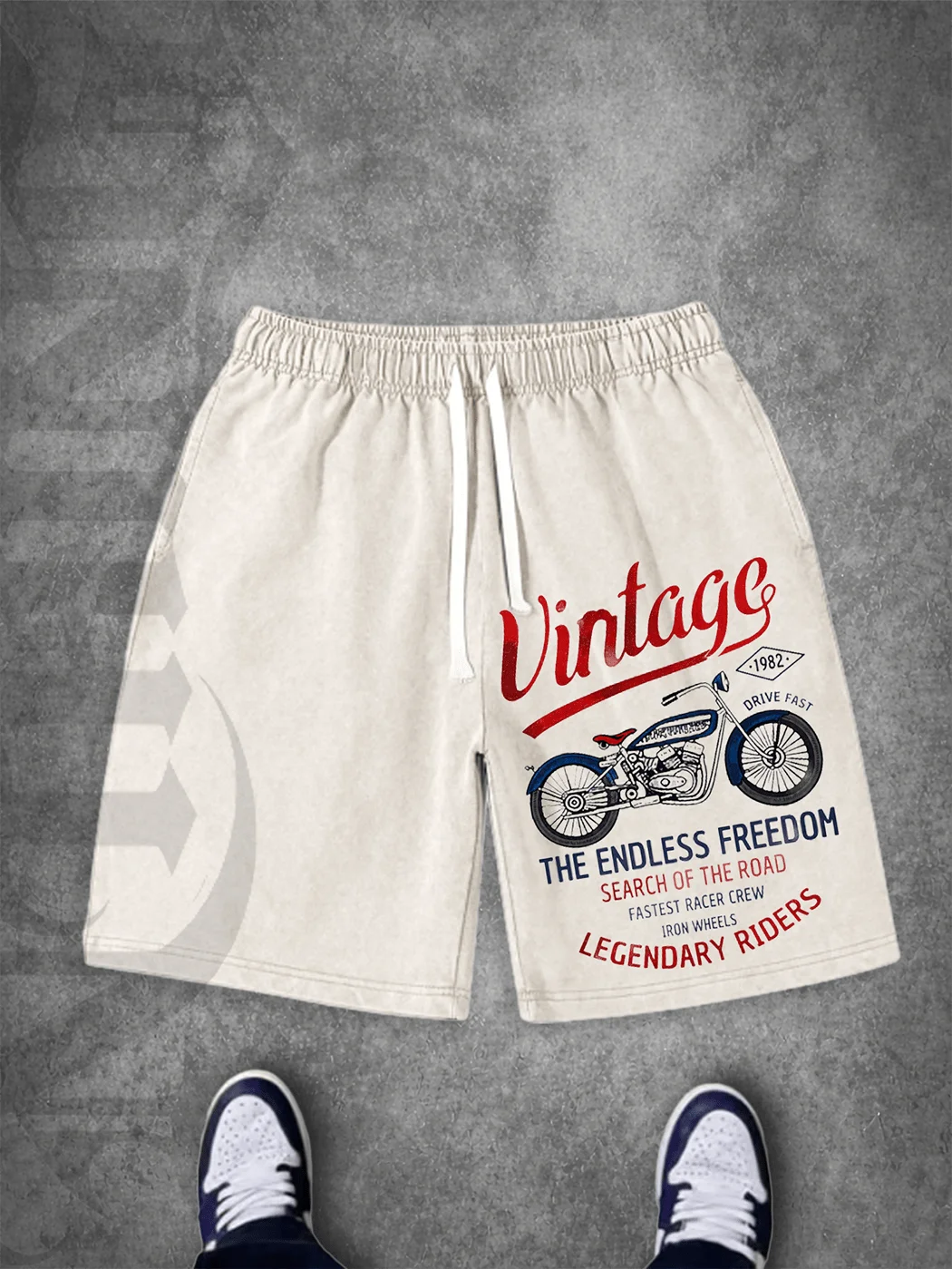 

Mens Vintage Motorcycle Print Drawstring Elastic Waist Casual Shorts