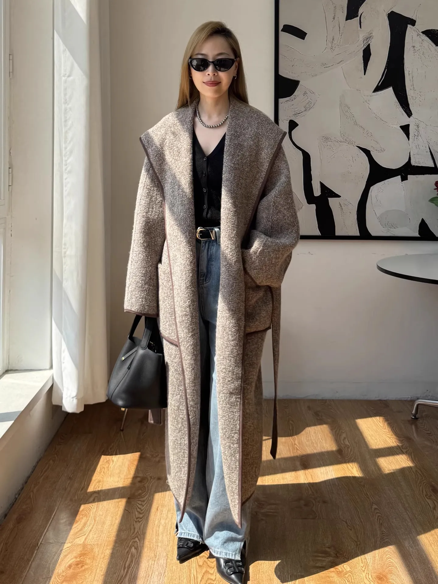 

Women 2025 new high-end black gray hooded bathrobe double-sided woolen coat long coffee colored wool jacket for autumn winter