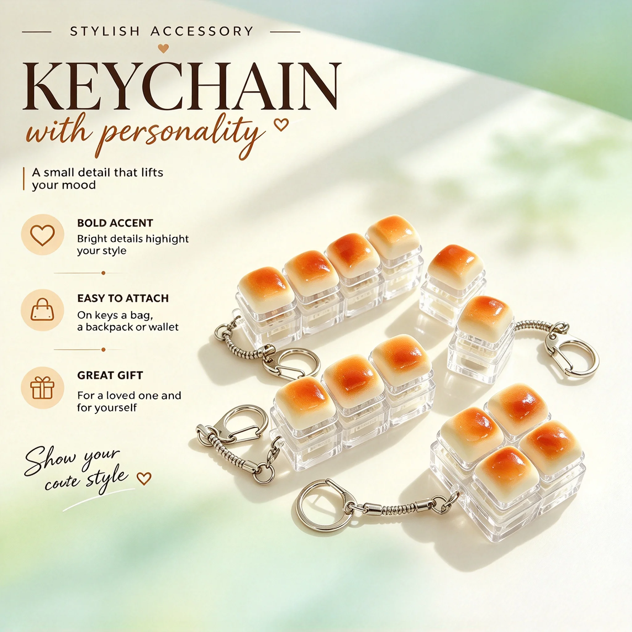Caramel Bread Design Fidget Keychain Button Keycap Click Mechanical Keyboard Bag Charm Relief Stress Christmas New Year Gifts