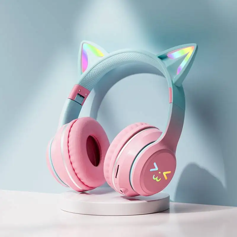 Gradiënt draadloze hoofdtelefoon RGB schattige kattenoor Bluetooth-oortelefoon met microfoon Stereo Muziek Game Oortelefoon Meisjes Kindergeschenken