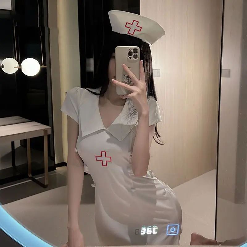 Sexy Lingerie Nurse Uniform Collocation Solid Color Dress Split Hem Cross Design Nurse Cap Waist in Slimming Passion Night