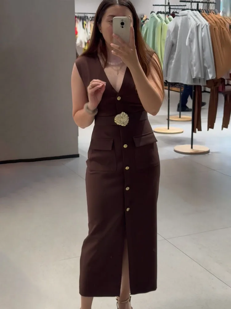 HH Abito lungo moda estiva da donna Solido scollo a V senza maniche Tasche Decorazione cintura Bottone Cerniera Abiti eleganti femminili