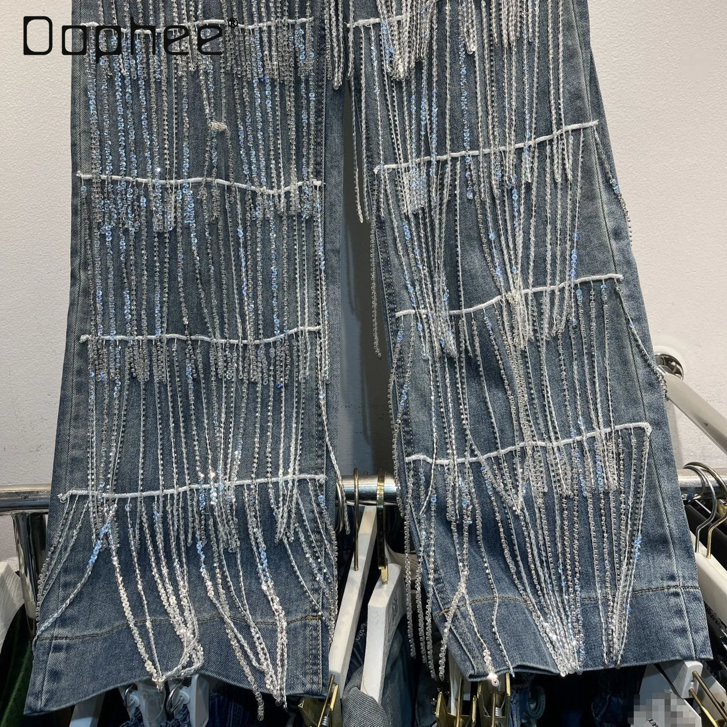 High-End Sequin Tassel Jeans for Women Autumn Winter Street Personality Solid Color Versatile High-Waisted Slim Wide-Leg Pants
