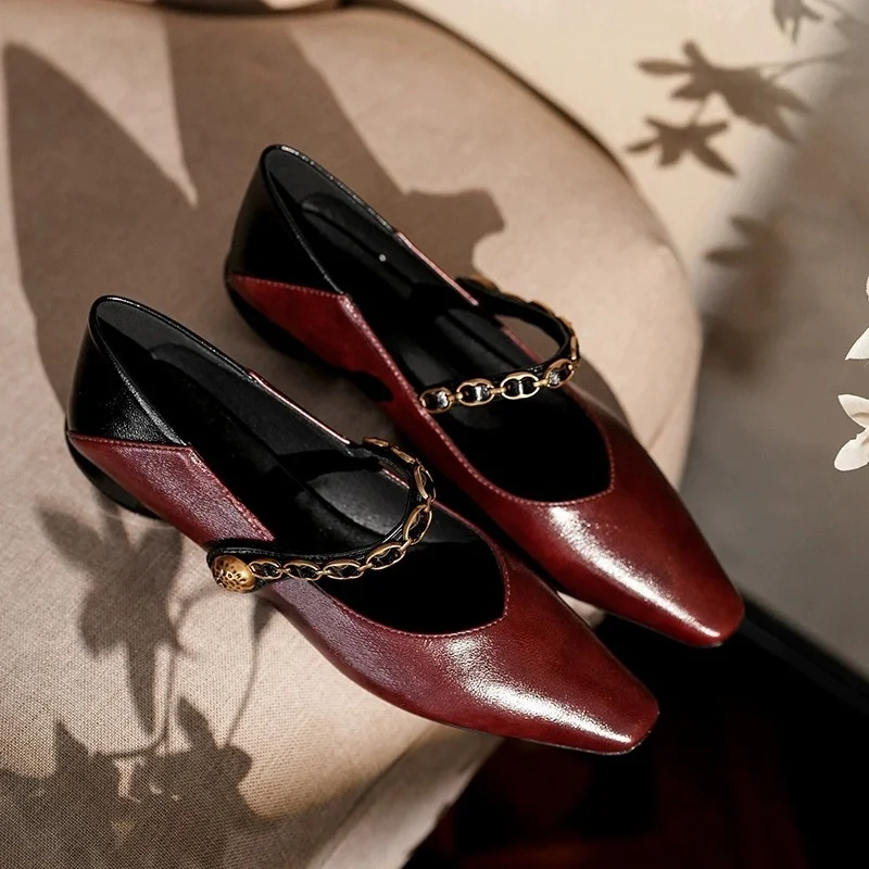

Spring 2025 New Women's Mary Jane Shoes Square Toe Retro Temperament Chain Buckle Sheepskin Office Women Shallow Single Shoes