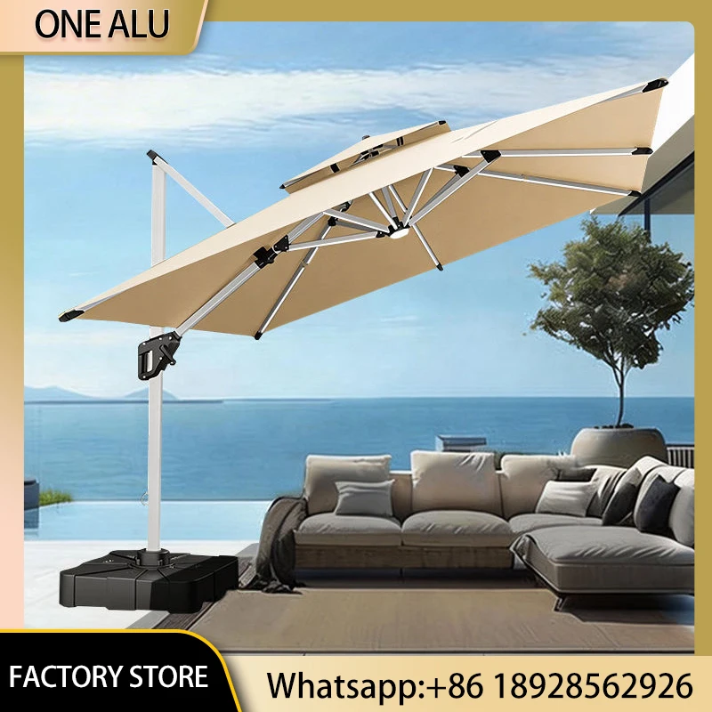 Offset Cantilever Patio Umbrella LED Lights Double Tier Outdoor Parasol Poolside Garden Sunshade Cantilever Umbrella with Base