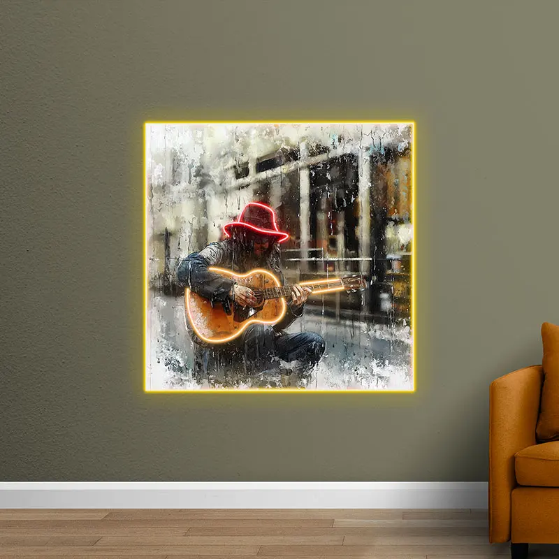 Street Man Playing Guitar  In The Rain Neon Sign, Personalized LED Neon Sign Light, Creative Gift Neon Light For Guitar lovers