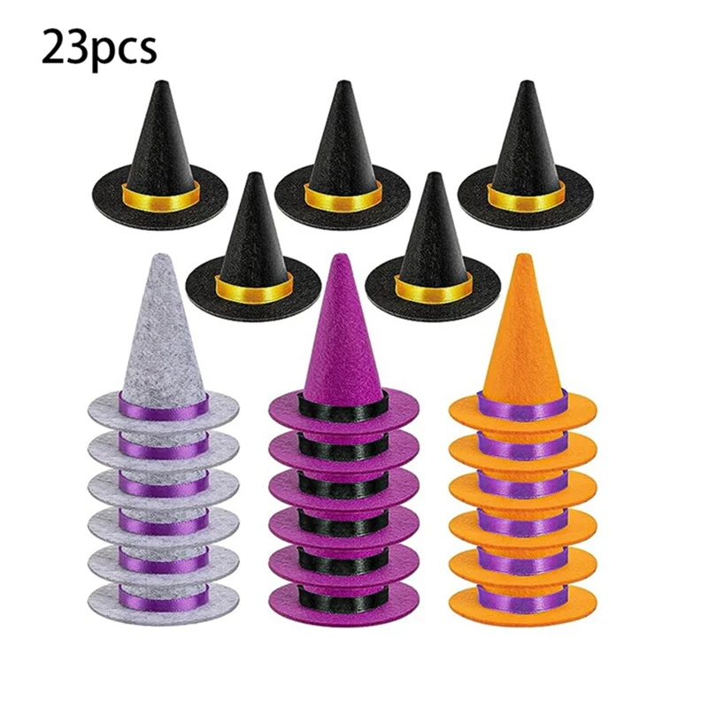 หมวกแม่มดขนาดเล็ก23ชิ้นหมวกแม่มดฮาโลวีนผ้าสักหลาด4สีสำหรับตกแต่งขวดไวน์ฮาโลวีน