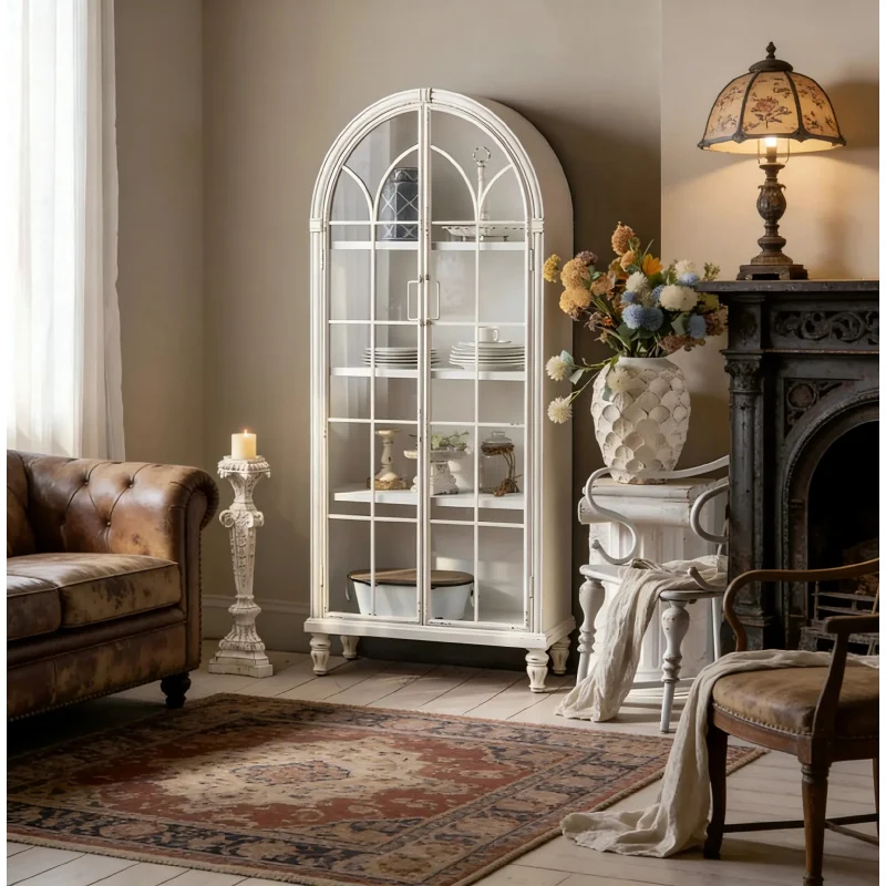 custom.French Style Retro Solid Wood Wall-Mounted Multi-Layer Arched White Wine Cabinet Living Room & Dining Room Home Furni