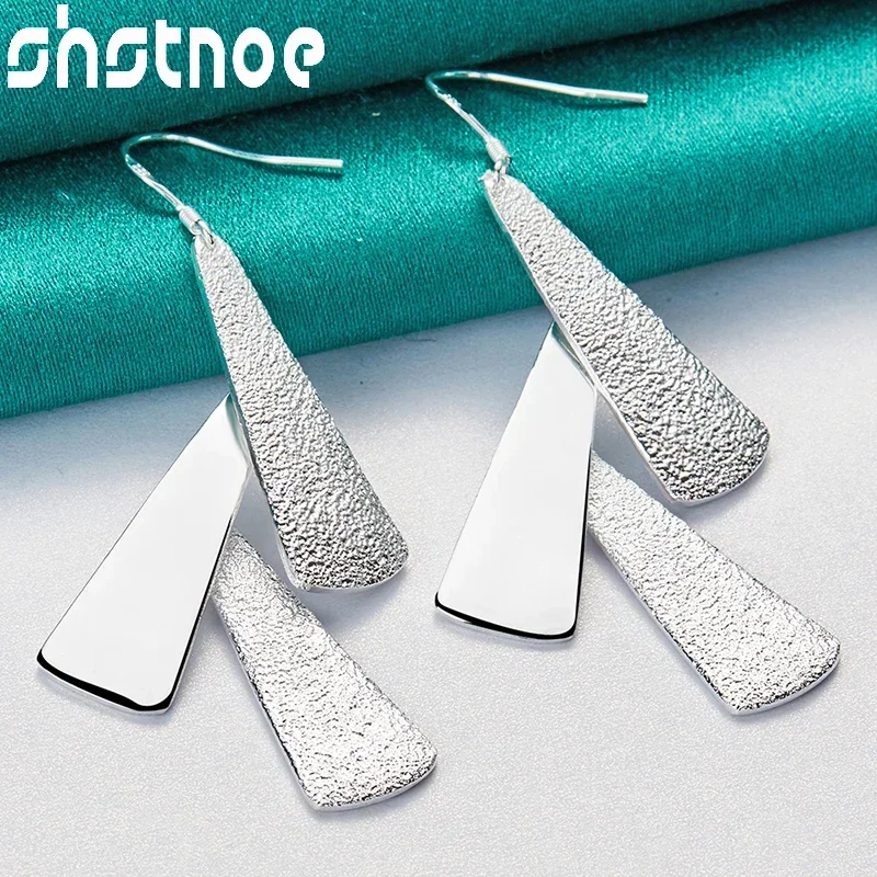 SHSTONE 925 Sterling Silver Frosting Matte Smooth Three Sector Drop Earrings For Women Party Birthday Engagement Wedding Jewelry