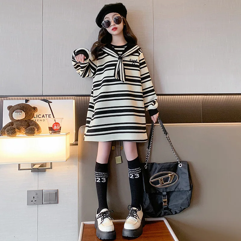 Girls Striped Hoodie 2024 Fall New Children College Style Undercoat Top Long Hoodie Korean Simple Style Clothes Fashion