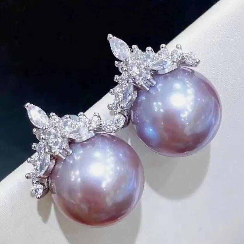 elegant 10-11mm south sea round lavender pearl stud earring 925s