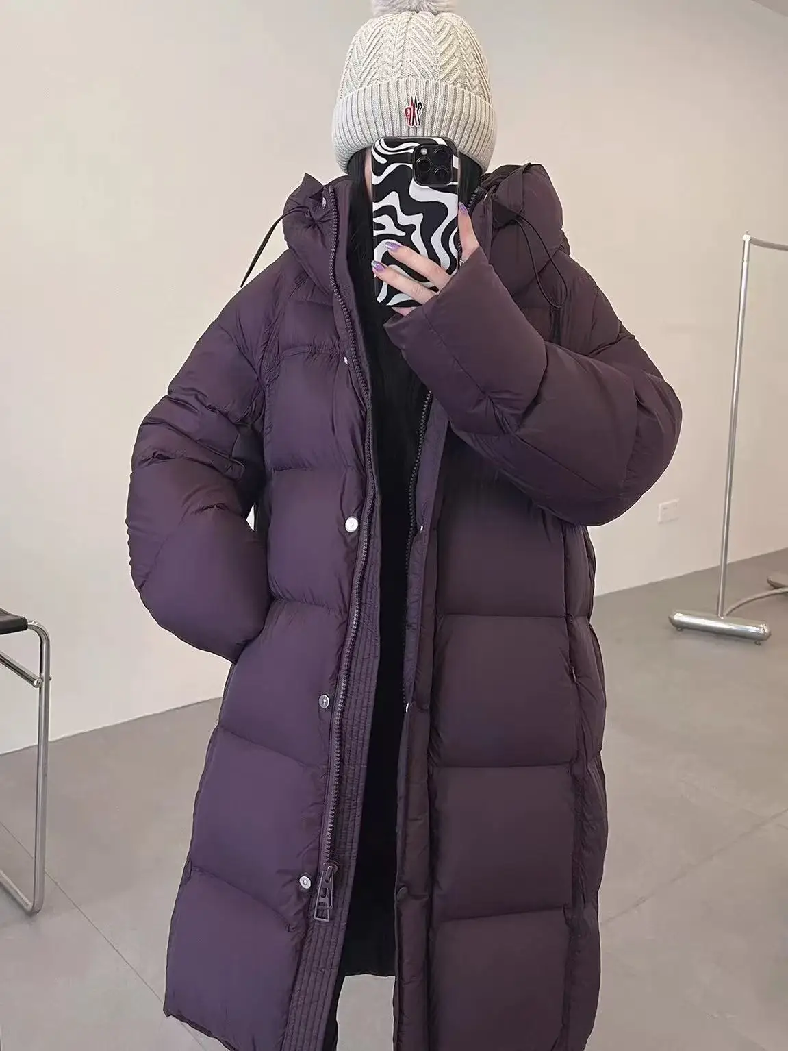 Winter Mid Length Hooded Solid Matte Down Jacket Female Zipper Warm Thick Outwears Women White Duck Down Parker Down Jackets