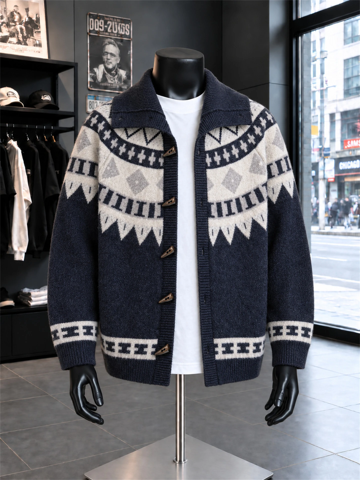 Retro Style Diamond Pattern Knitted Sweater Coat Men's Loose Fit Thickened Long Sleeve Button up Cardigan for Winter Warmth