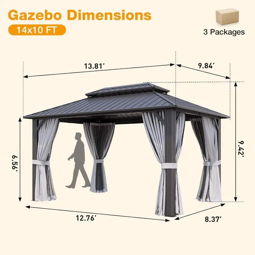 14x10FT Hardtop Gazebo Gray | Permanent Outdoor Pergola with Double Galvanized Steel Roof and Curtains and Netting, Customized
