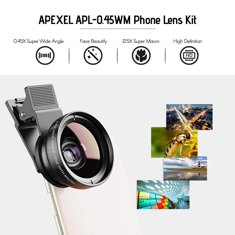 APEXEL APL-0.45WM Phone Lens Kit 0.45X Super Wide Angle & 12.5X Super Macro Lens HD Camera Lenses for i Phone Samsung Xiaomi