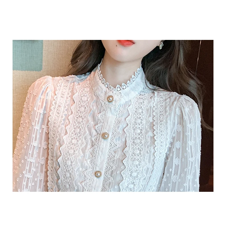 Blusa blanca De encaje para Mujer, camisa De manga larga, a la Moda, para Primavera, E382, 2024