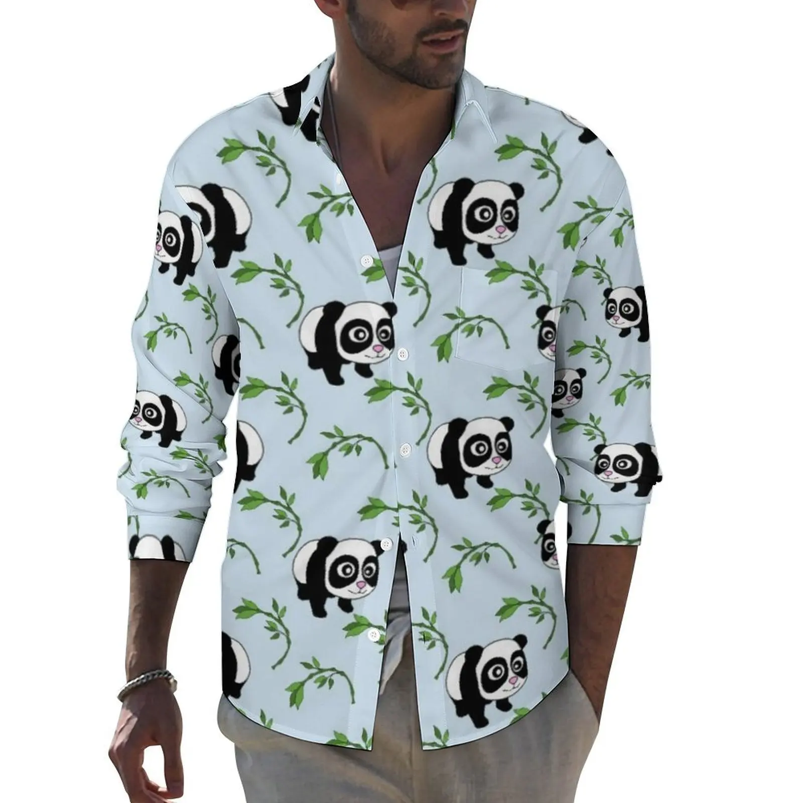 

Adorable Panda Shirt Spring Cute Animal Print Casual Shirts Men Fashion Blouses Long Sleeve Graphic Y2K Clothing Big Size