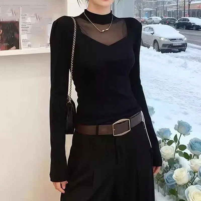 Damen Frühling Halbhoher Kragen Langarm T-Shirt mit Netzstoff-Einsätzen, Schwarzes Elegantes Transparentes Oberteil – Detail 4