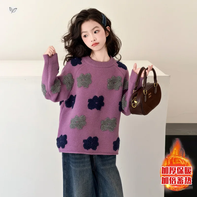 Suéter jacquard floral bloco colorido para meninas, pulôver de malha com flores doces, top de camadas primavera outono, menina grande 7 - 14 anos